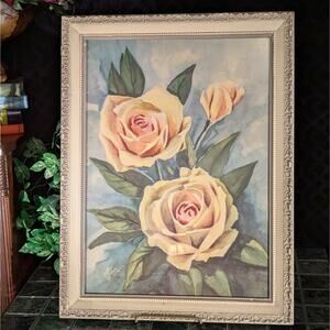 19"x25" Mid Century Ornate Cream Wood Framed Pink Rose Print w/ Glass, R Bianchi